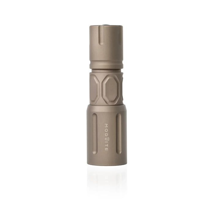 an image of the PLHv3 18350 hand-held light variant of the product where the item is a vertically placed and is in the color FDE standing on its light head against a pure white background. The hexagonal pattern and contours of the textured body are clearly visible, and with the bezel head features the vertically engraved white text 'modlite' is printed on it.