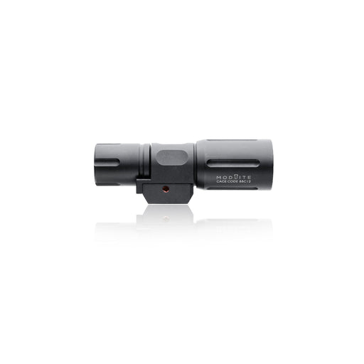 an image of the modlite pdw350 light in the color black where the image is situated in the middle of the photo against a white background, and is positioned horizontally as if it is sitting on its side, and the image is clear enough to see the texture and the hexagon design of the item.