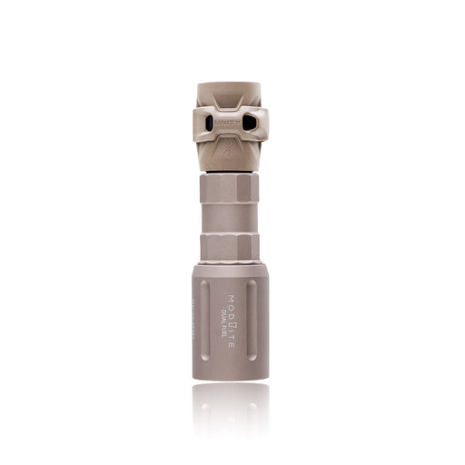 an image of the FUEL Modlite 18350 Light where the item is a vertically placed and is in the color FDE standing on its light head against a  white background with the GASCAP attatched to the light body and hexagonal pattern and contours of the textured body are clearly visible, and with the bezel head features the vertically engraved white text 'modlite' is printed on it.