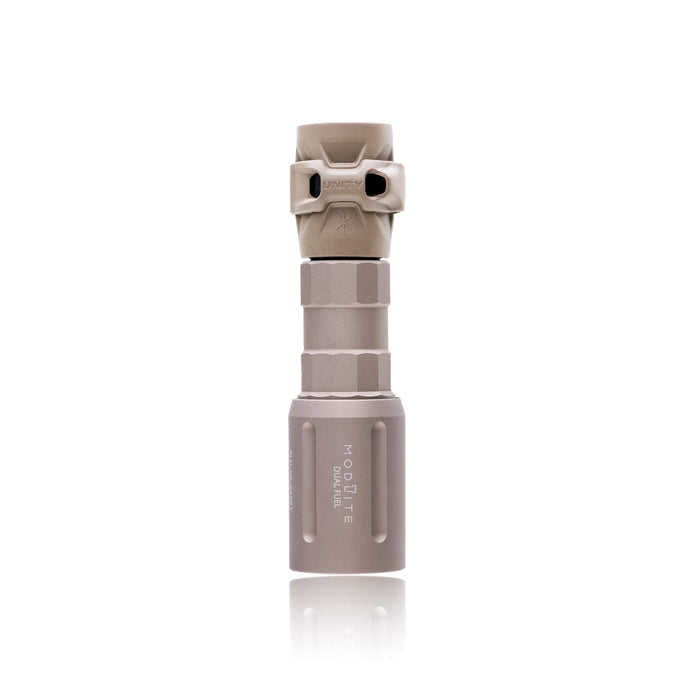 an image of the FUEL Modlite 18350 Light where the item is a vertically placed and is in the color FDE standing on its light head against a  white background with the GASCAP attatched to the light body and hexagonal pattern and contours of the textured body are clearly visible, and with the bezel head features the vertically engraved white text 'modlite' is printed on it.