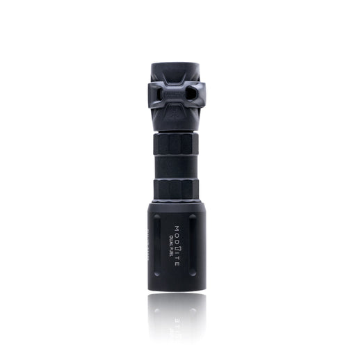 an image of the product where the item is a vertically placed, black FUEL Modlite PLHv3 18350 flashlight body, standing on its light head against a white background. There is a GASCAP attached to it and hexagonal pattern and contours of the textured body are clearly visible, and with the bezel head features the vertically engraved white text 'modlite' branded on it.