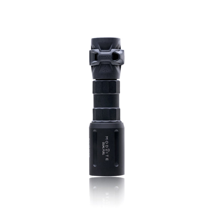 an image of the product where the item is a vertically placed, black FUEL Modlite PLHv3 18350 flashlight body, standing on its light head against a white background. There is a GASCAP attached to it and hexagonal pattern and contours of the textured body are clearly visible, and with the bezel head features the vertically engraved white text 'modlite' branded on it.