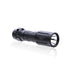 An image of the modlite FUEL 18350 flashlight showcasing the item on its isometric view and the black tactical flashlight in the middle of the photo and with a textured grip and white product lettering detailing its dual fuel capabilities on a reflective surface and with the gascap attached to it.