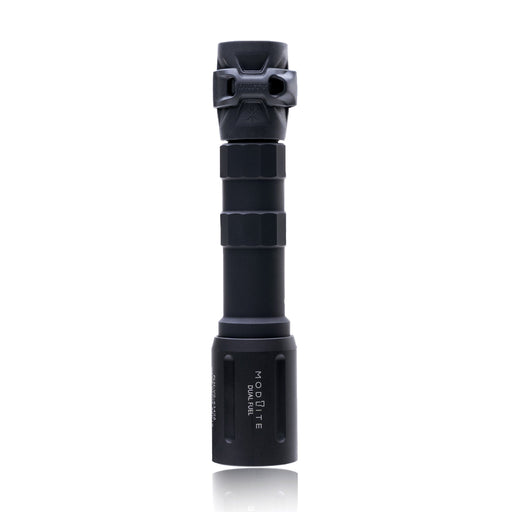 an image of the product where the item is a vertically placed, matte black Modlite FUEL PLHv3 18650 flashlight body, standing on its top part against a seamless pure white background. It features a gascap and hexagon pattern and contours of the textured body are clearly visible, and with the bezel head features the vertically engraved white text 'modlite' branded on it.