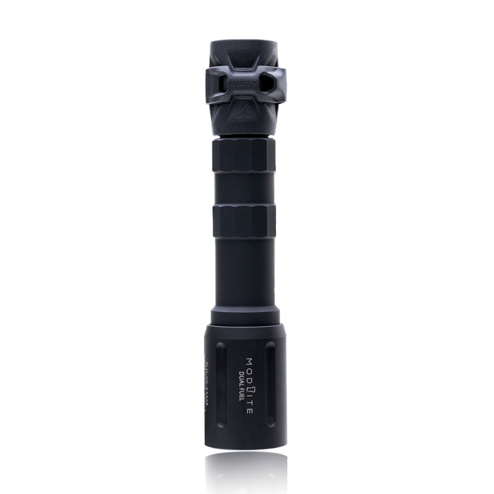 an image of the product where the item is a vertically placed, matte black Modlite FUEL PLHv3 18650 flashlight body, standing on its top part against a seamless pure white background. It features a gascap and hexagon pattern and contours of the textured body are clearly visible, and with the bezel head features the vertically engraved white text 'modlite' branded on it.