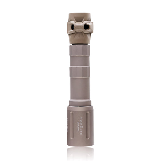 an image of the Modlite FUEL 18650 light where the item is a vertically placed and is in the color FDE standing on its top against a seamless pure white background. The gascap is attached to the body and there is hexagonal pattern and contours of the textured body are clearly visible, and with the bezel head features the vertically engraved white text 'modlite' is printed on it.