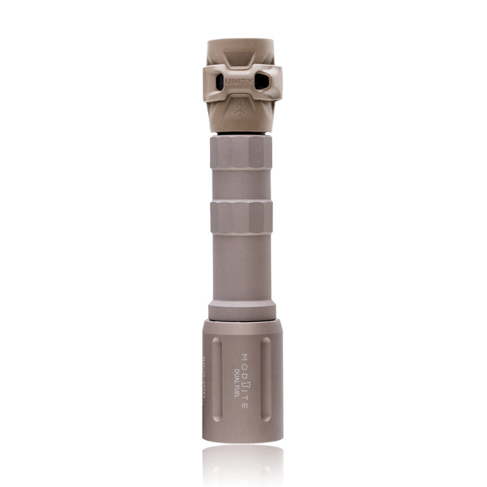 an image of the Modlite FUEL 18650 light where the item is a vertically placed and is in the color FDE standing on its top against a seamless pure white background. The gascap is attached to the body and there is hexagonal pattern and contours of the textured body are clearly visible, and with the bezel head features the vertically engraved white text 'modlite' is printed on it.