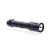 An image of the modlite FUEL 18650 flashlight showcasing the item on its isometric view and the black tactical flashlight in the middle of the photo and with a textured grip and white product lettering detailing its dual fuel capabilities on a reflective surface and with the gascap attached to it.