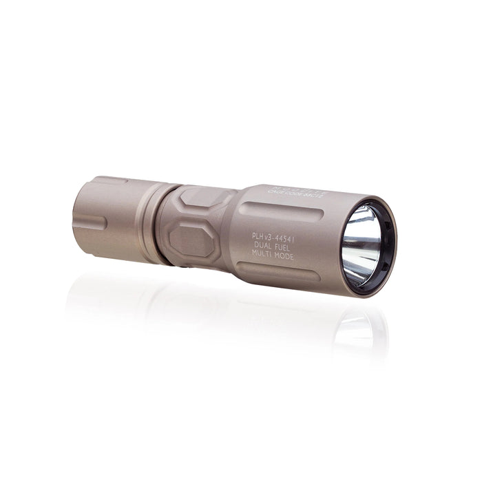 An image of the handheld plhv3 18350 flashlight showcasing the tactical flashlight  in the color fde placed the middle of the photo and with a textured grip and white product lettering detailing its dual fuel, multi-mode capabilities on a reflective surface.