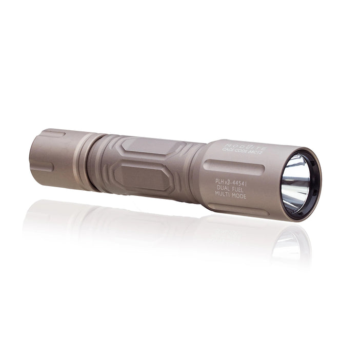 An image of the handheld plhv3 18650 flashlight showcasing the tactical flashlight  in the color fde placed the middle of the photo and with a textured grip and white product lettering detailing its dual fuel, multi-mode capabilities on a reflective surface.