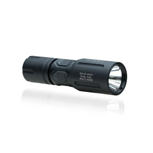 An image of the modlite multi-mode handheld plhv3 18350 flashlight showcasing the black tactical flashlight  in the middle of the photo and with a textured grip and white product lettering detailing its dual fuel, multi-mode capabilities on a reflective surface.