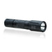 An image of the modlite multi-mode handheld plhv3 18650 flashlight showcasing the black tactical flashlight  in the middle of the photo and with a textured grip and white product lettering detailing its dual fuel, multi-mode capabilities on a reflective surface.