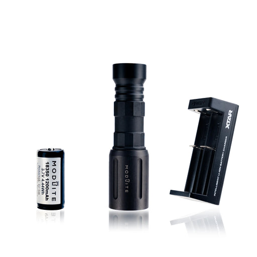 an image of the modlite plhv3 18350 rifle light package in the color black showcasing the complete package option which includes the flashlight body, light head, tailcap, charger and the 18650 battery, and the image shows three items where the black flashlight is in the middle, the charger on its left and the battery on its right.