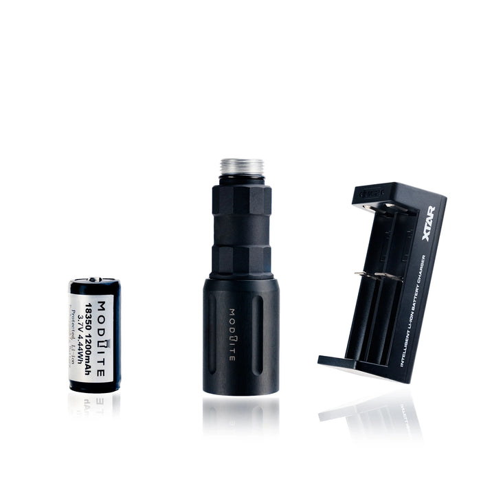 an image of the modlite plhv3 18350 rifle light in the color black where it showcases the no tailcap option when you purchase where you will get the only the light body, light head, charger and the 18350 battery, and the image is arranged on a background and the middle had the assembled flashlight without a light cap, on its left the charger and on its right the 18350 battery.