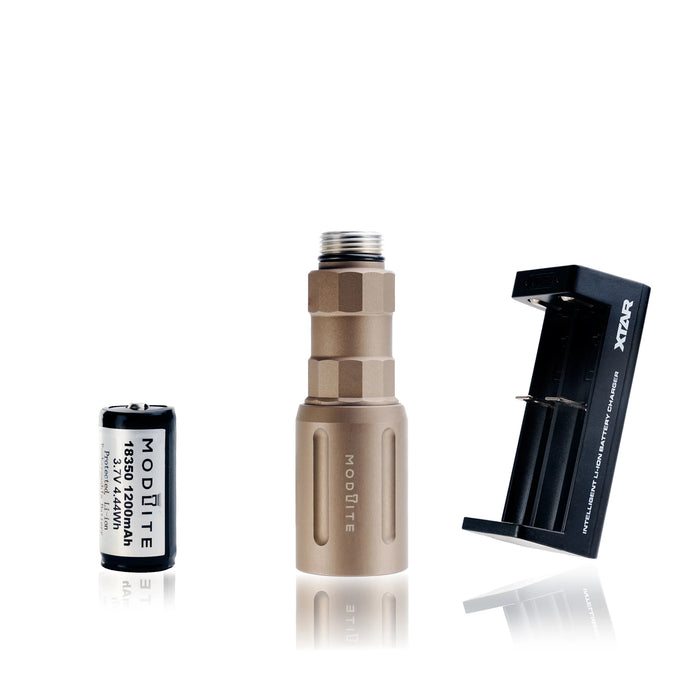 an image of the modlite plhv3 18350 rifle light in the color FDE where it showcases the no tailcap option when you purchase where you will get the only the light body, light head, charger and the 18650 battery, and the image is arranged on a background and the middle had the assembled flashlight without a light cap, on its left the charger and on its right the 18350 battery.