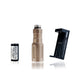 an image of the modlite plhv3 18350 rifle light in the color FDE where it showcases the no tailcap option when you purchase where you will get the only the light body, light head, charger and the 18650 battery, and the image is arranged on a background and the middle had the assembled flashlight without a light cap, on its left the charger and on its right the 18350 battery.
