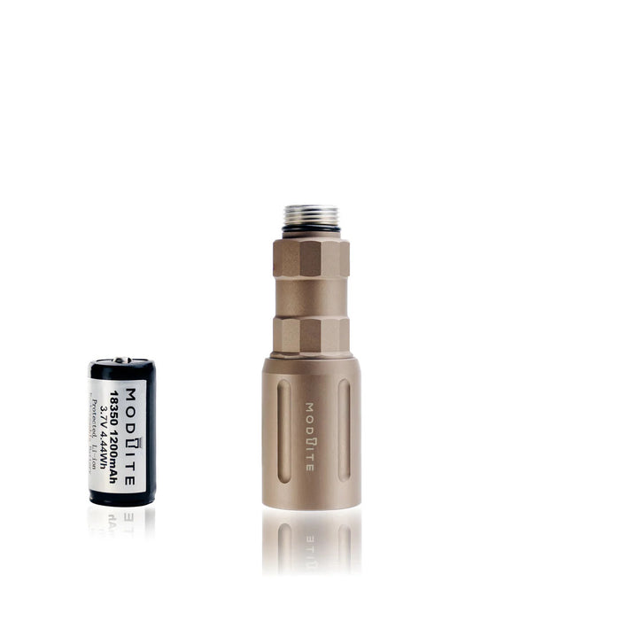 an image of the modlite plhv3 18350 rifle light in the color FDE where it showcases the no tailcap and no charger option when you purchase where you will get the only the light body, light head and the 18350 battery, and the image is arranged on a background and the middle had the assembled flashlight without a light cap and on its right the 18350 battery.