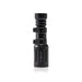 an image of the product where the item is a vertically placed, matte black Modlite PLHv3 18350 rifle light with rifle attachments placed on the flashlight body, standing on its light head against a pure white background. The hexagonal pattern and contours of the textured body are clearly visible, and with the bezel head features the vertically engraved white text 'modlite' branded on it.