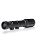An image of the modlite plhv3 18650 rifle light with the rifle attachments placed on the flashlight body and showcasing the black tactical flashlight  in its back isometric view on the middle of the photo and with a textured grip and hexagon shaped design.