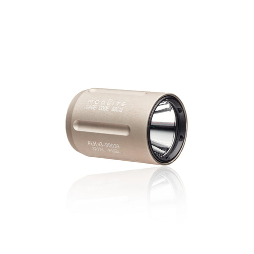 A product image of the cylindrical flashlight head labeled in the color FDE and is placed in the middle of the photo and with the words "Modlite" and what seems to be the product code branded in white on its sides and showing only "Dual Fuel" indicating that it is the single output variant.