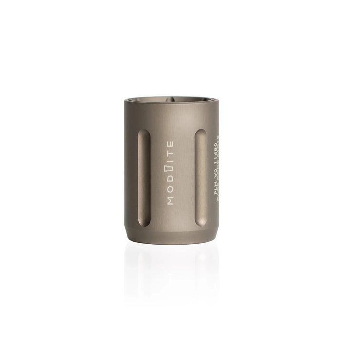 A product image of the cylindrical Modlite flashlight head in the color FDE placed arranged vertically witht the glass part on the top and the item itself in the middle of a white background.