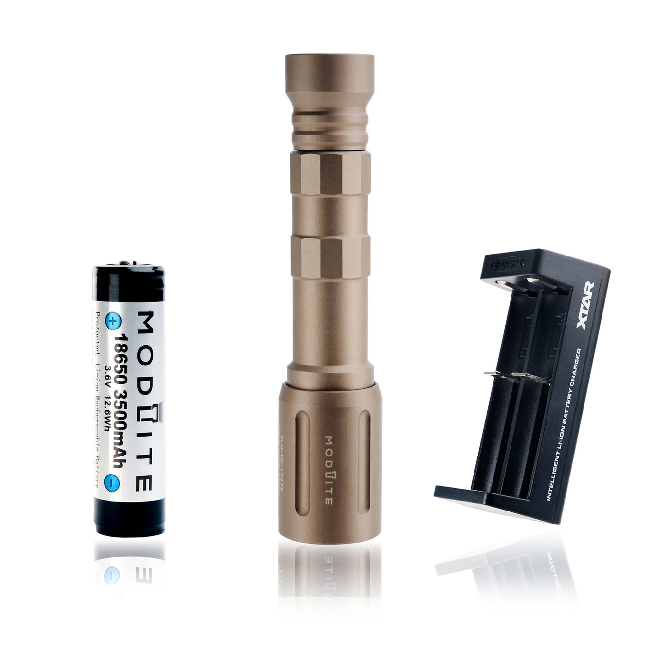an image of the modlite plhv3 rifle light in the color fde that shows the complete package option which includes the light body, light head, tailcap, charger and the 18650 battery, and the image shows three items where the black flashlight is in the middle, the charger on its left and the battery on its right.