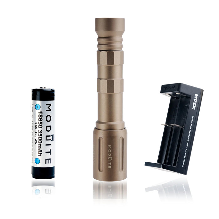 an image of the modlite plhv3 rifle light in the color fde that shows the complete package option which includes the light body, light head, tailcap, charger and the 18650 battery, and the image shows three items where the black flashlight is in the middle, the charger on its left and the battery on its right.