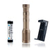 an image of the modlite plhv3 rifle light in the color fde that shows the complete package option which includes the light body, light head, tailcap, charger and the 18650 battery, and the image shows three items where the black flashlight is in the middle, the charger on its left and the battery on its right.