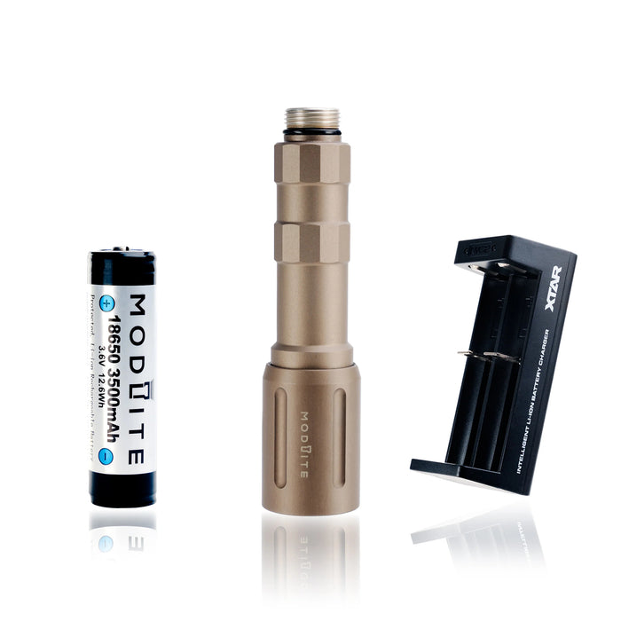 an image of the modlite plhv3 rifle light in the color FDE where it showcases the no tailcap option when you purchase where you will get the only the light body, light head, charger and the 18650 battery, and the image is arranged on a background and the middle had the assembled flashlight without a light cap, on its left the charger and on its right the 18650 battery.