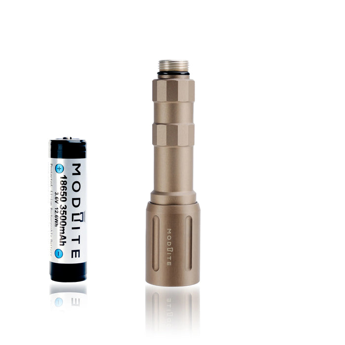 an image of the modlite plhv3 rifle light in the color FDE where it showcases the no tailcap and no charger option when you purchase where you will get the only the light body, light head and the 18650 battery, and the image is arranged on a background and the middle had the assembled flashlight without a light cap and on its right the 18650 battery.