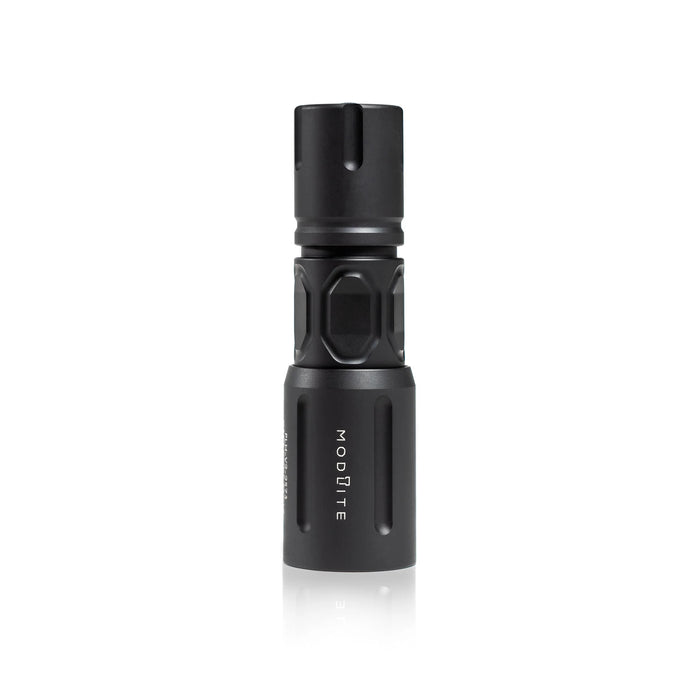 an image of the product where the item is a vertically placed, matte black Modlite PLHv3 18350 flashlight body, standing on its light head against a white background. The hexagonal pattern and contours of the textured body are clearly visible, and with the bezel head features the vertically engraved white text 'modlite' branded on it.