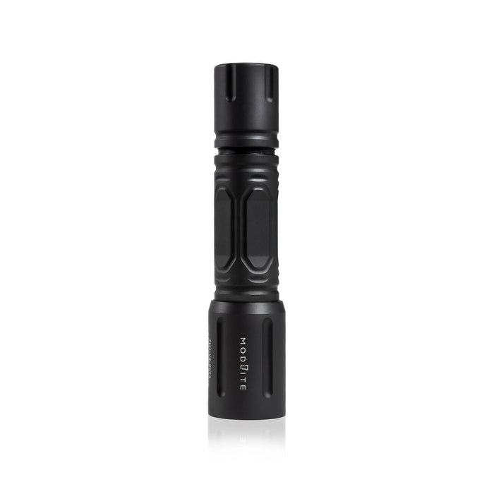 an image of the product where the item is a vertically placed, matte black Modlite PLHv3 18650 flashlight body, standing on its top against a seamless pure white background. The hexagonal pattern and contours of the textured body are clearly visible, and with the bezel head features the vertically engraved white text 'modlite' branded on it.