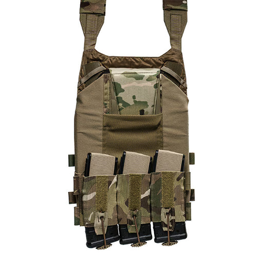 A front view of a tan tactical plate carrier demonstrating the MultiCam magazine pouch mounted in the underslung position for obstruction-free carry, securely holding three black rifle magazines below the main vest area.