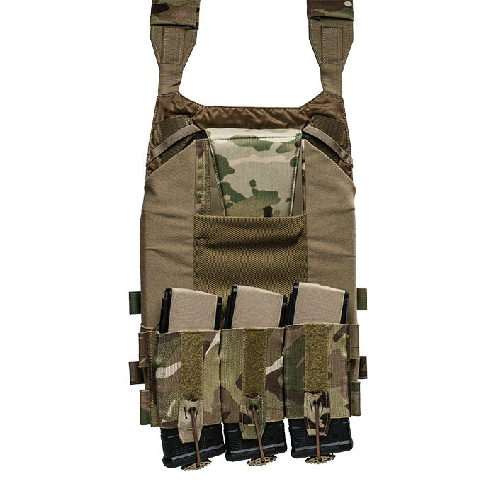 A front view of a tan tactical plate carrier demonstrating the MultiCam magazine pouch mounted in the underslung position for obstruction-free carry, securely holding three black rifle magazines below the main vest area.