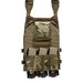 A front view of a tan tactical plate carrier demonstrating the MultiCam magazine pouch mounted in the underslung position for obstruction-free carry, securely holding three black rifle magazines below the main vest area.