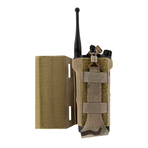A detailed view of the MultiCam tactical radio pouch fully loaded with a black communication radio. The extended side panel highlights the precision laser-cut slots and the strong hook-and-loop backing used for secure, customizable attachment to plate carriers.