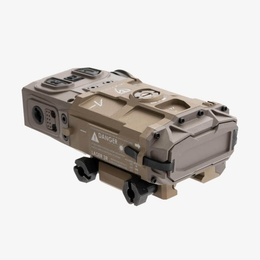 Left-angled view of the Maztech LRF, showing its latching points and laser information in the foreground.