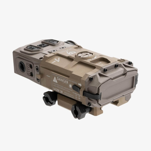 Left-angled view of the Maztech LRF, showing its latching points and laser information in the foreground.