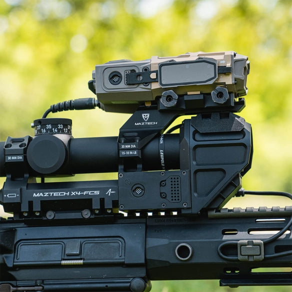 A Maztech X4 Diving Board Mount installed on top of the X4 FCS, with a X4 LRF mounted on it.