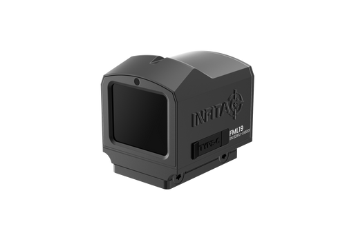 A right-angled view of the New Infitac FAST Mini thermal sight showing the high-resolution screen and the USB-C charging port positioned in the foreground near the brand logo and model name.