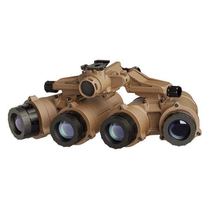 A frontal isometric view of the nocturn industries chimera, a tan-colored articulating panoramic night vision system designed to provide a 97-degree field of view with four independent optical pods.