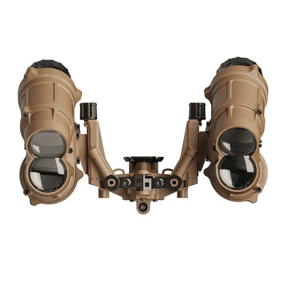 A detailed rear view of the Nocturn Industries Panos in tan, highlighting the central external power port located on the bridge and the quad pods stowed in their signature low-profile position.