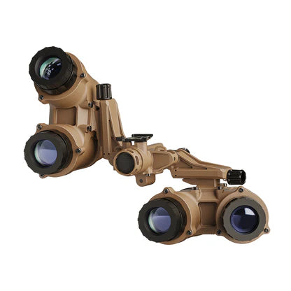 A frontal right isometric angled view of the Nocturn Industries Quad Nods, showing the left side of the bridge system with the optical pods stowed rearward against a tactical helmet for a low-profile fit.