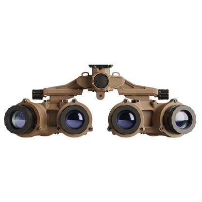 A high-detail frontal view of the nocturne chimera nvg in a tactical tan finish, showcasing the four-lens panoramic array and the rugged bridge design for professional operations.