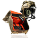  An open Multicam gear bag with a bright high-visibility orange padded interior, displayed alongside a fully equipped tan tactical helmet with nods and attached ear protection ready to be securely stored inside.