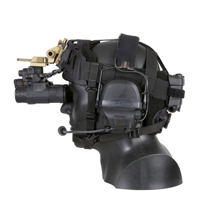 the ops-core night operations and deployment head harness system in a side view with possible accessories for the harness like night vision devices, helmets, and sights