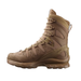 This front-angled view of the coyote brown outdoor boots highlights the protective rubber toecap and the gusseted tongue, which prevents snow, rocks, and dirt from entering the boot during extreme weather missions.