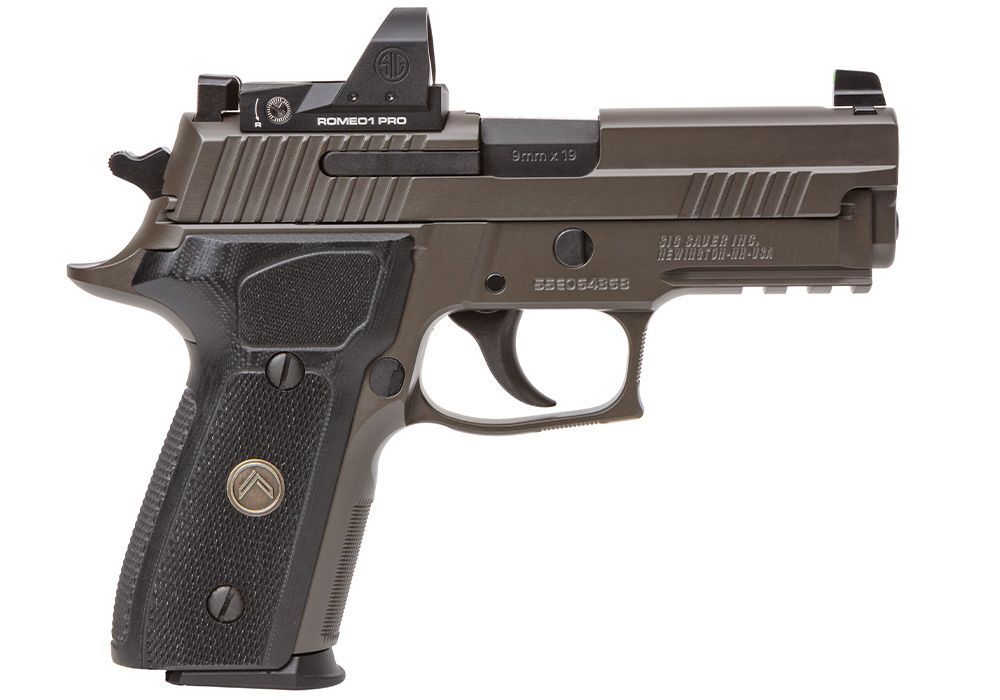 A left-side view of a p229 legion for sale equipped with a Romeo1 Pro red dot sight, demonstrating the pistol's optic-ready slide capability.