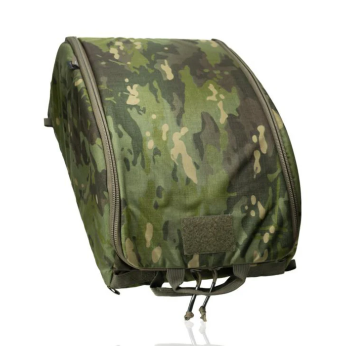 A soft-sided padded helmet case displayed in a lush green Multicam Tropic camouflage pattern, featuring a continuous zippered opening and a front loop panel for tactical patches.