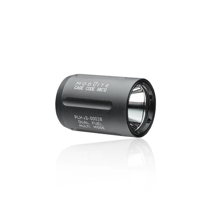 A product image of the  modlite plhv3 light head where the item is in the color black and is situated in the middle of the photo and has white markings of the words "Modlite" with text "Dual Fuel Multi Mode." 